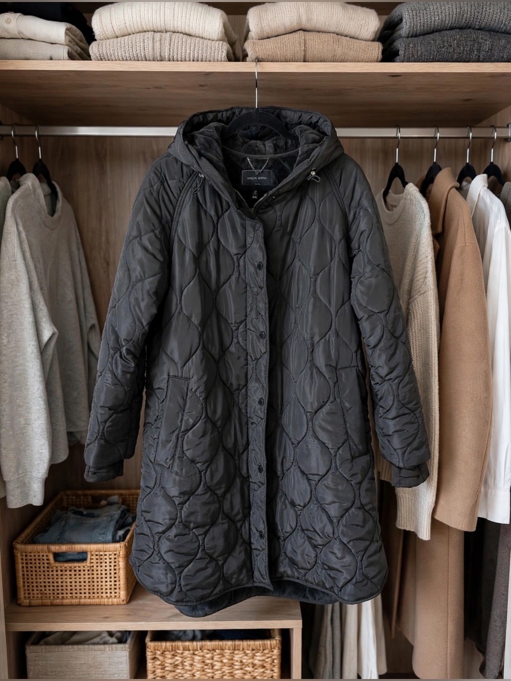 BCBGMaxAzria Black Quilted Hooded Puffer Coat